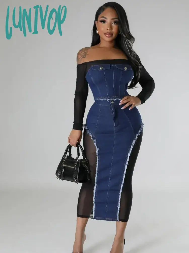 Lunivop Sexy Black Mesh Patchwork Blue Denim Long Skirt Sets Women Long Sleeve Slash Neck Crop Top 2 Pieces Sets Party Clubwear Buttoned-up Denim Skirt