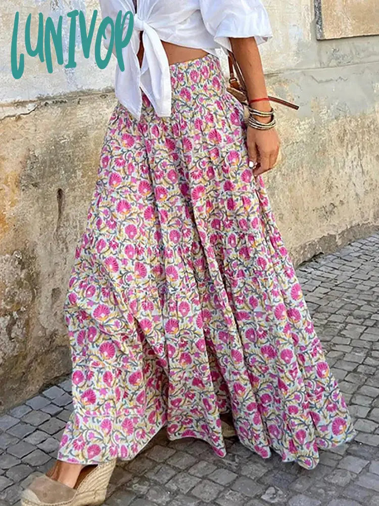 Lunivop Summer Long Skirts Women Boho Print Skirt Female Floral Beach Maxi Skirts Ladies Loose Elastic Waist Holiday Skirt Front Slit Skirt