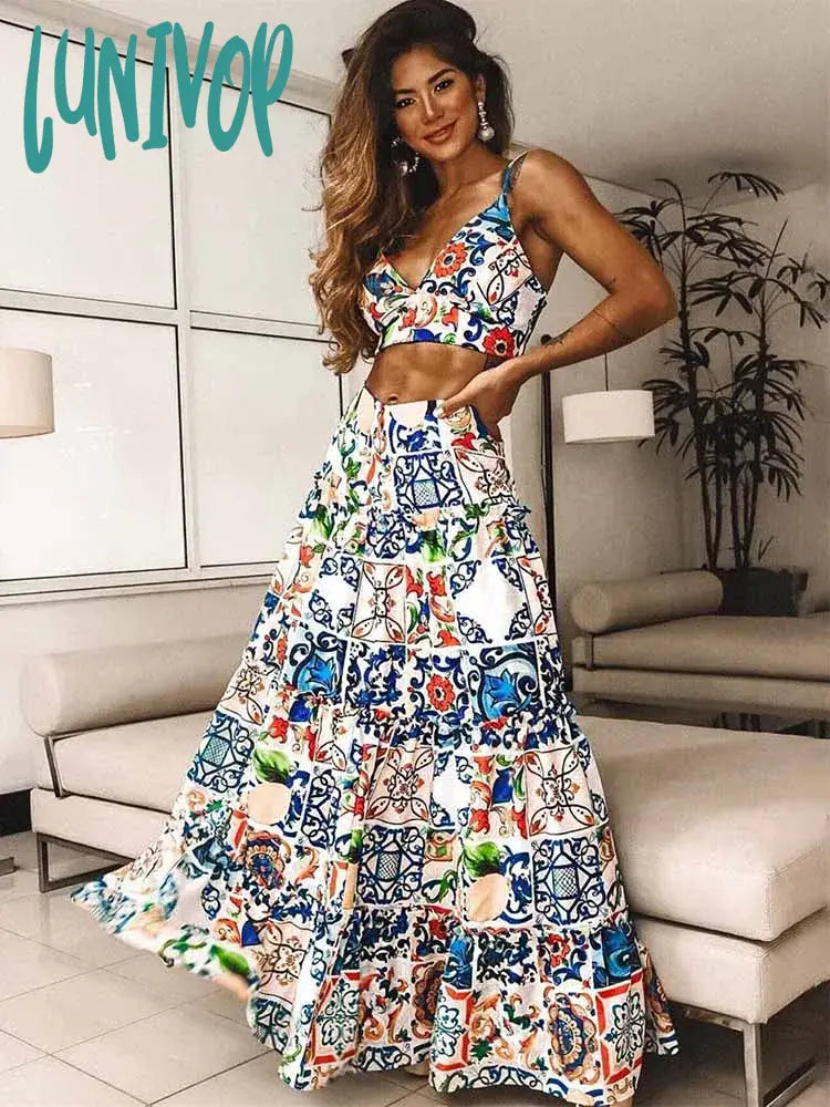 Lunivop  Summer Women Outfits Two Pieces Set Sleeveless Long Dresses V-neck Crop Top High Waist Maxi Skirt Bodycon Printed Beachwear Bold Maxi Skirt