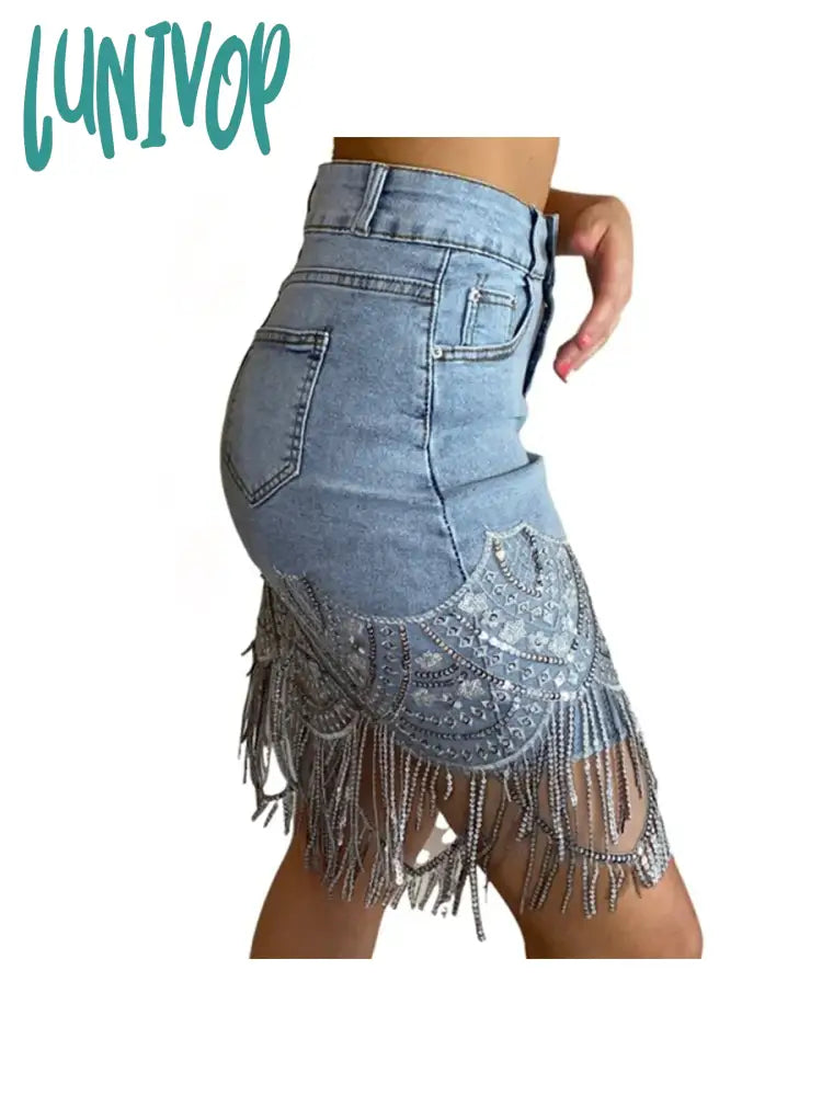 Lunivop Woman Sleek Sexy Flap Pockets Sequin Fringed Mesh Hem Skinny Denim Skirt Sexy Denim Skirt