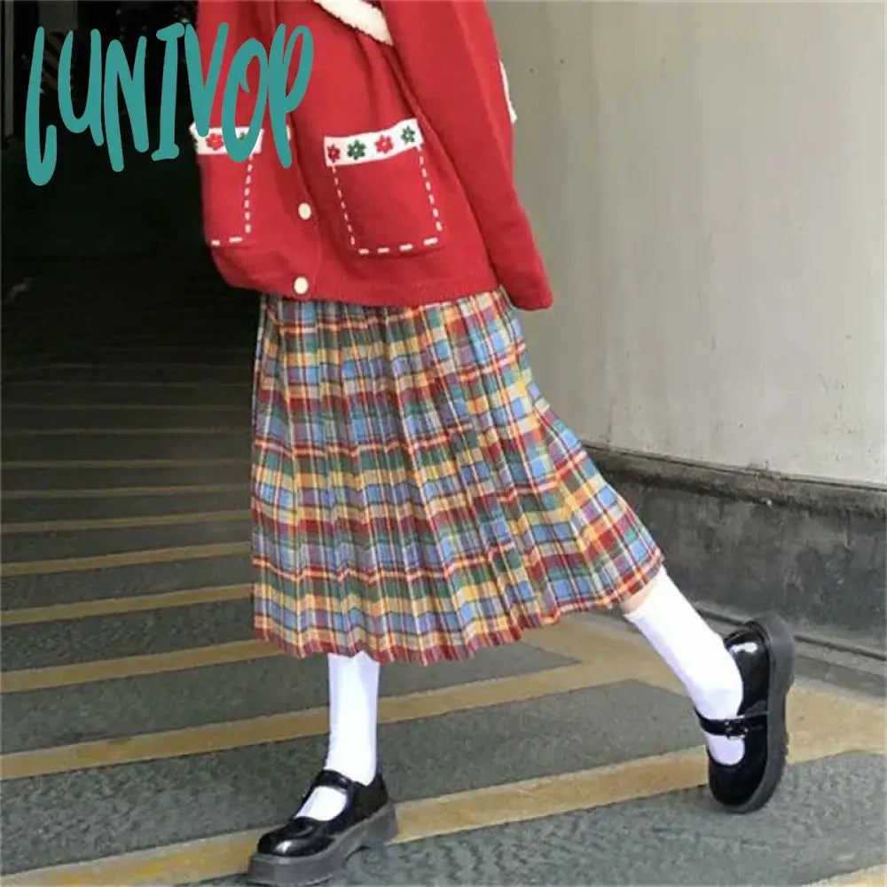 Lunivop Women's Rainbow Plaid Woolen Pleated Mid Length Skirt College Style Spring Color Contrast Female A-line Elastic Waist Long Skirt Pleated Floral Maxi