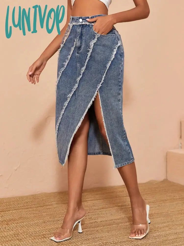 Lunivop Y2K  Women Fashion Denim Skirt Vintage Slit Hem Raw Edge Bodycon Skirt High Waist Versatile Streetwear Mujer Trendy Denim Skirt