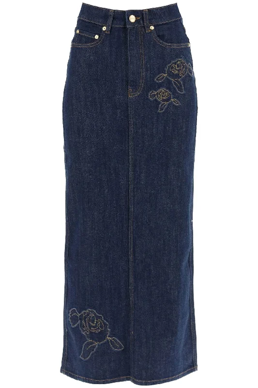 maxi denim skirt with pink embroidery J1440 RINSE Cotton Maxi Skirt