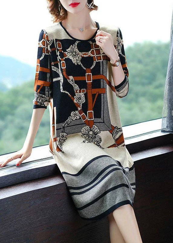 Modern Beige O-Neck Print Knit Sweater Dress Long Sleeve Soft Knit Sweater