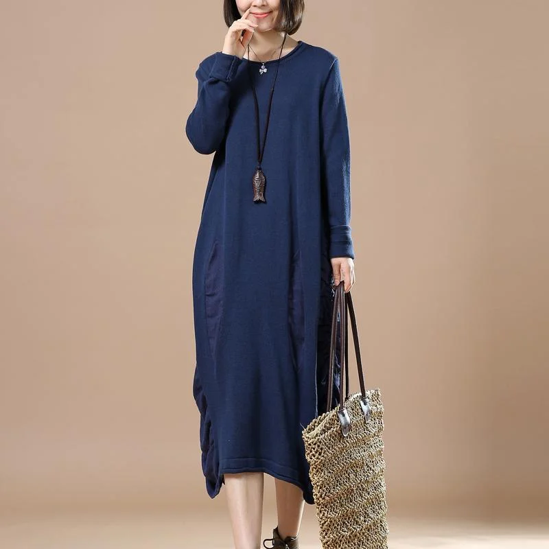 Navy drawstrings sweater dresses long sweaters oversize Stretch Sweater Dress