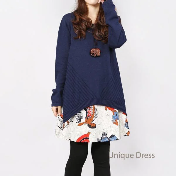 Navy print layered cotton sweater dress Comfy Knit Dress