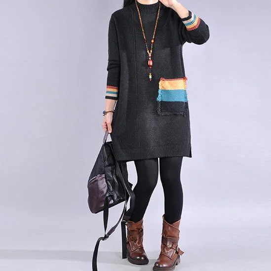 Oversized side open Sweater patchwork pockets dress outfit Upcycle black Largo sweater dress Sweater Dress Style