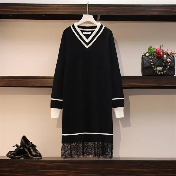 Patchwork Lace Sweater Dresses Women's Long Sleeve V Neck Mini Straight Ladies High Street  Knitting Dresses Holiday Sweater Dress