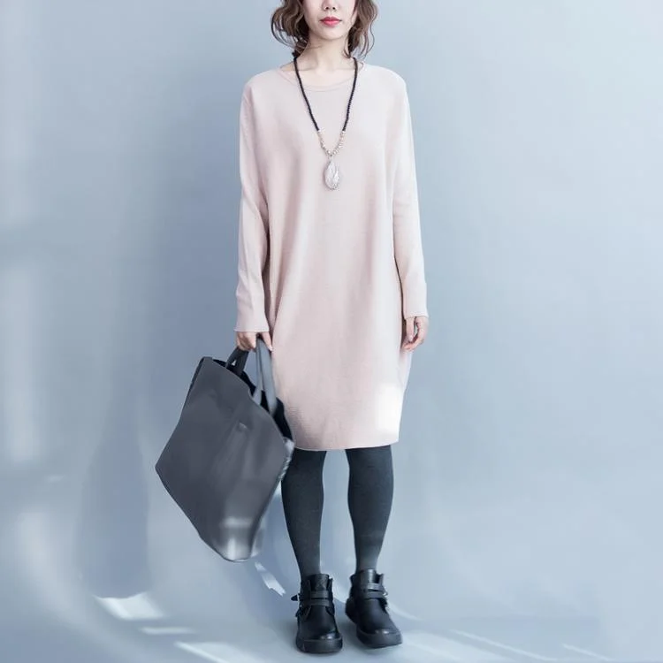 Pink Loose Cotton Knit Dresses Long Sleeve Sweater Dress Woolen Knitwear Flared Sweater Dress