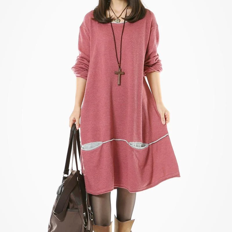 Pink plus size sweater dresses with pockets Lace Sweater Dress