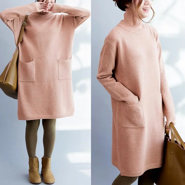 Pink sweater dress turtle neck long sweaters woolen pullover knit dresses Fitted Sweater Gown