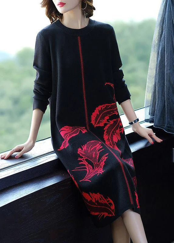 Red Print Knit Sweater Dress O-Neck Thick Winter Comfortable Sweater Dress