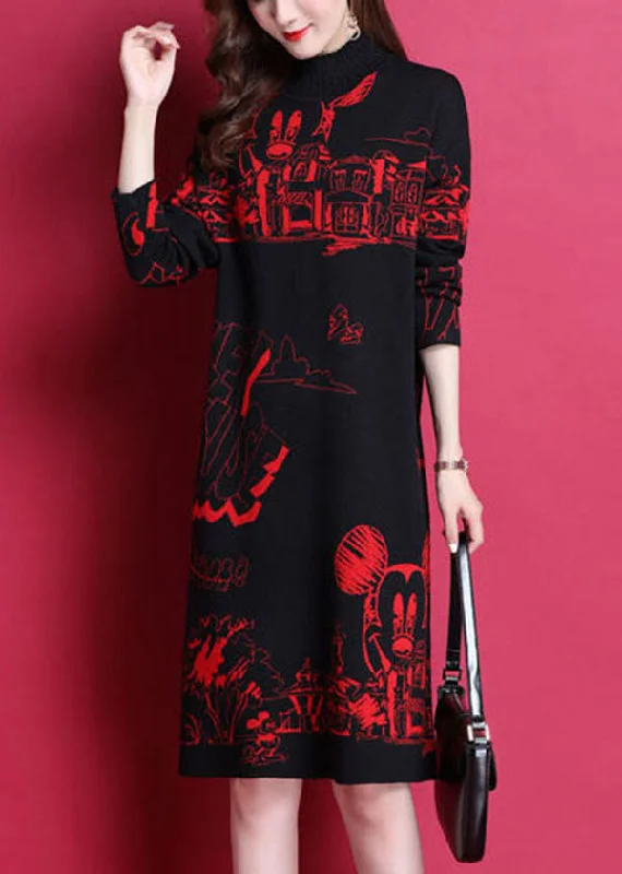 Red Print Thick Knit Long Sweater Dress High Neck Long Sleeve Layered Sweater Dress