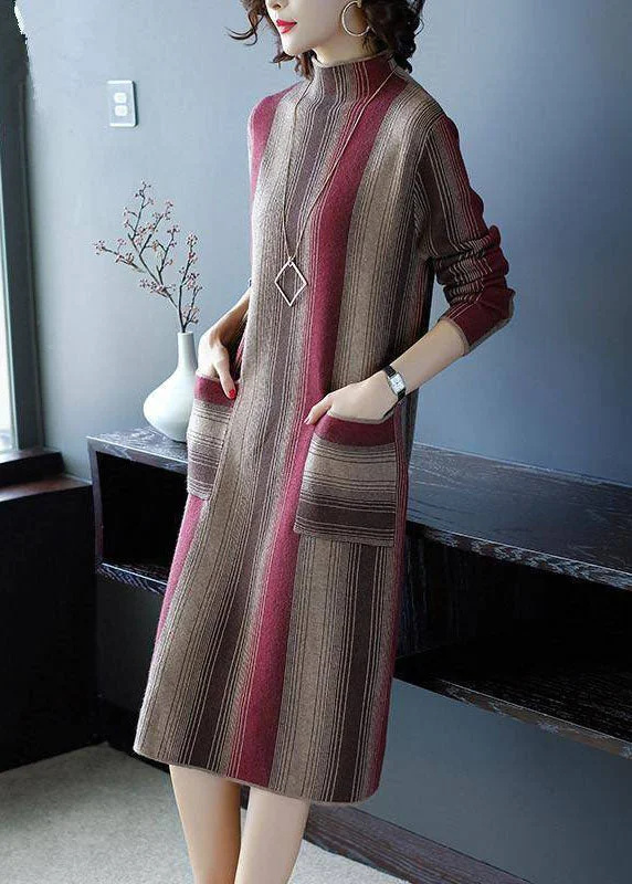 Red Striped Knit Sweater Dress High Neck Pockets Winter Classic Sweater Dress