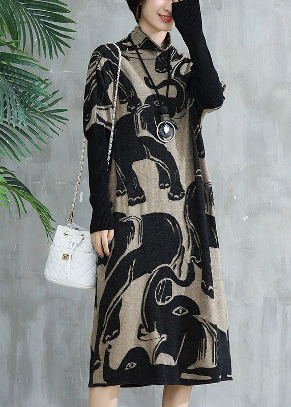 Stylish Apricot Turtleneck Print Patchwork Woolen Sweater Dress Fall Loose Sweater Dress