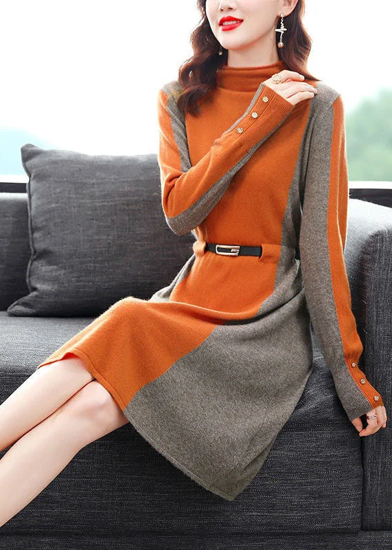 Stylish Orange High Neck Patchwork Knit Cinch Sweater Dress Winter Stylish Knit Dress