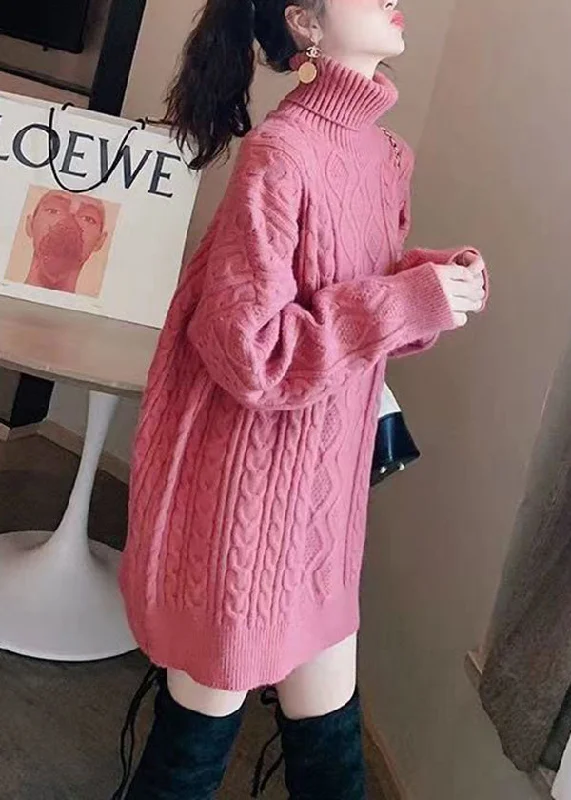 Stylish Rose Hign Neck Patchwork Thick Knit Sweater Dress Winter Soft Sweater Dress