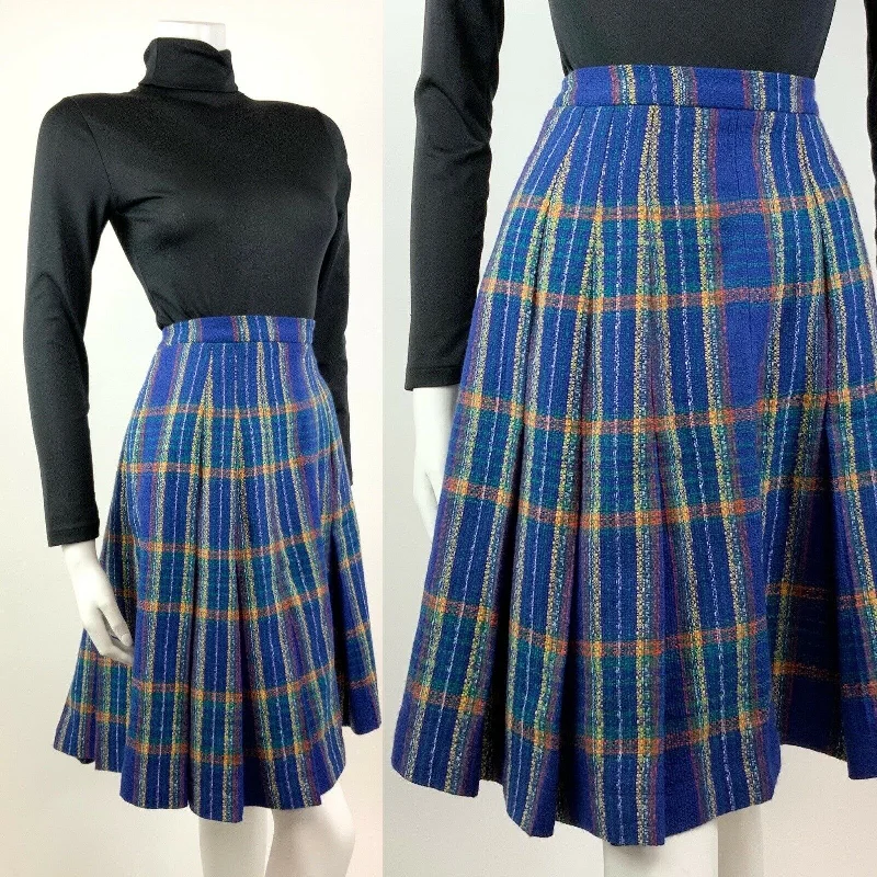 VINTAGE 60s 70s BLUE YELLOW RED PLAID CHECKED MOD KNEE-LENGTH PLEATED SKIRT 8 10 Neutral tone unclassified skirts