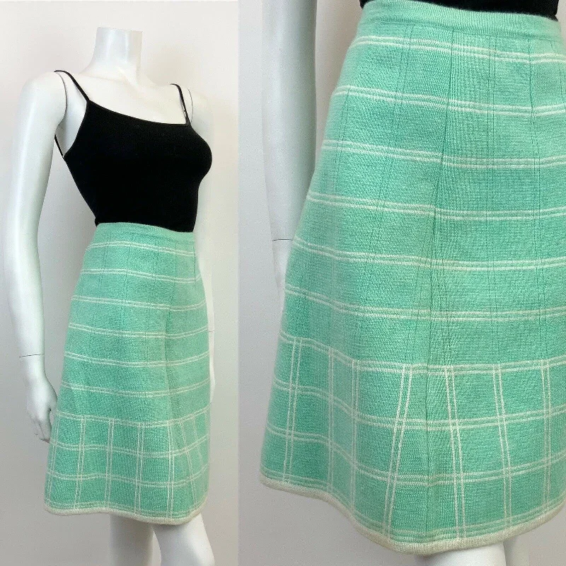 VINTAGE 60s 70s MINT GREEN WHITE STRIPED CHECKED GEOMETRIC MOD WOOL SKIRT 8 10 Travel unclassified skirts