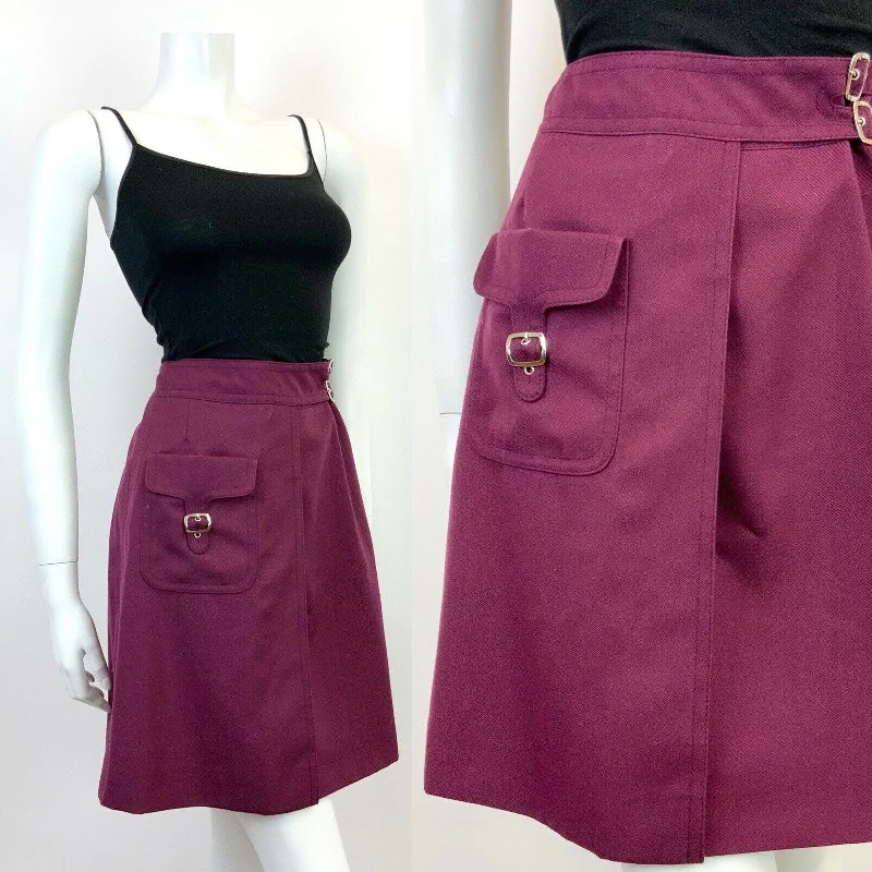 VINTAGE 60s 70s PLUM PURPLE SILVER BUCKLED MOD WRAP SKIRT 8 High-end unclassified skirts