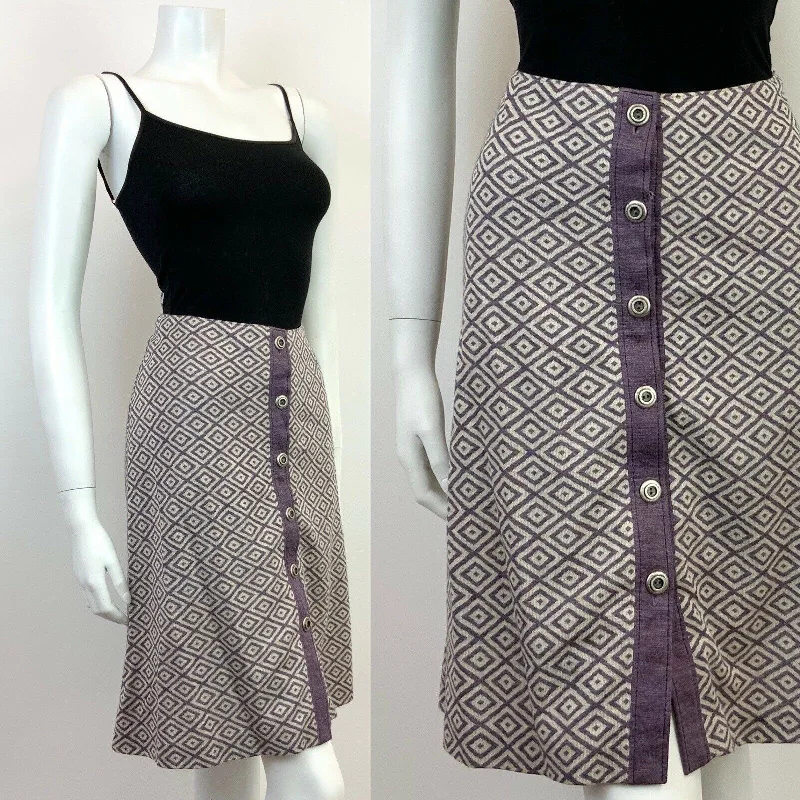 VINTAGE 60s 70s PURPLE CREAM GEOMETRIC IKAT BIRDS EYE MOD A-LINE SKIRT 8 10 Graduation unclassified skirts