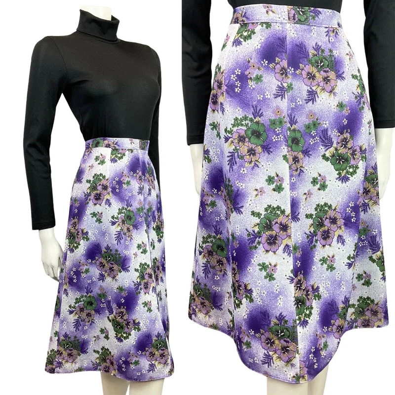 VINTAGE 60s 70s PURPLE WHITE GREEN FLORAL DAISY KNEE-LENGTH SWING SKIRT 8 10 Boho unclassified skirts