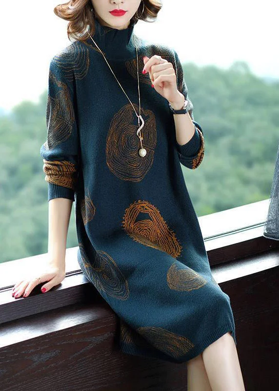 Vintage Blackish Green High Neck Oversized Print Knit Sweater Dress Winter Ribbed Sweater Dress