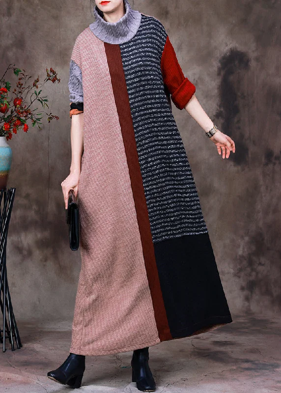 Vintage Turtleneck Striped Patchwork Knit Long Sweater Dress Long Sleeve Cozy Winter Dress