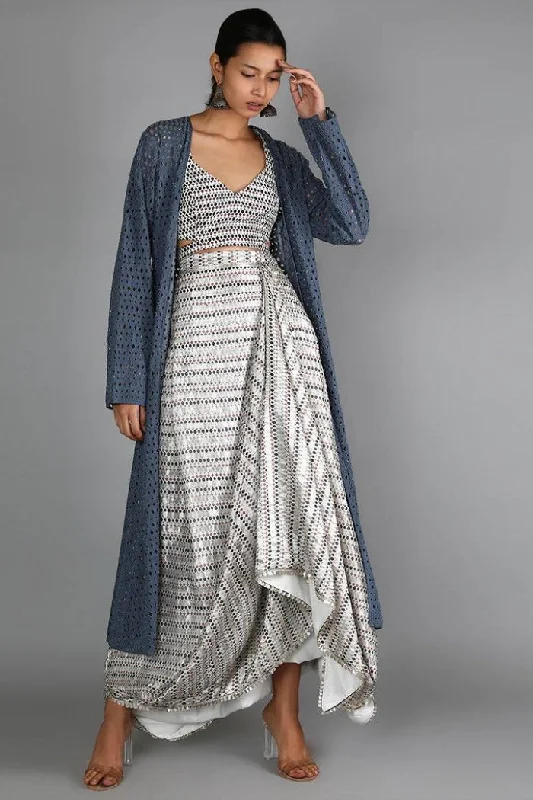 WHITE JAALI PRINT CHANDERI DRAPE SKIRT WITH PRINTED BUSTIER PAIRED WITH DENIM LASER CUT JACKET Flared Hem Denim Skirt