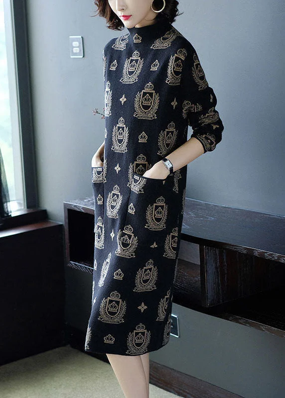 Women Black High Neck Print Pockets Knit Sweater Dress Long Sleeve Sweater Dress Fashion