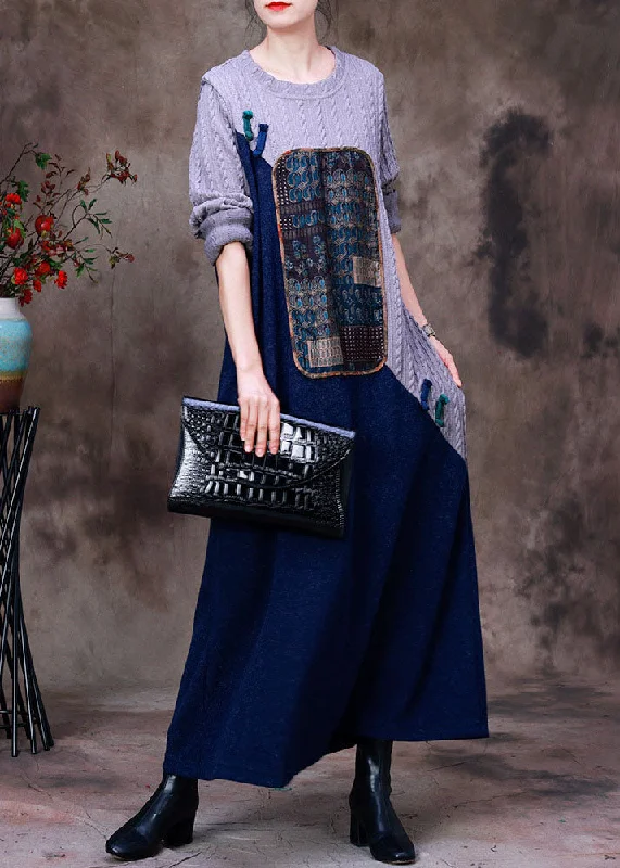 Women Grey Blue Patchwork Oriental Button Knit Sweater Dress Long Sleeve Chunky Knit Dress