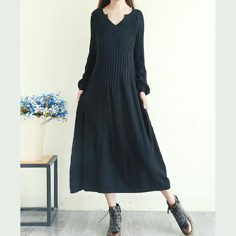 Women lantern sleeve Sweater v neck dress outfit Vintage black Tejidos sweater dresses Sleeveless Sweater Dress