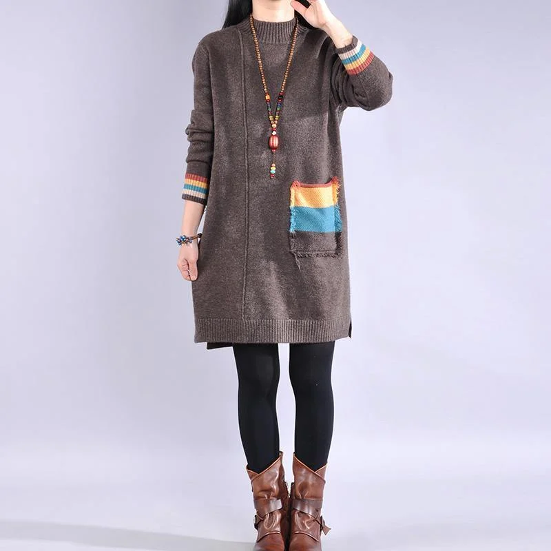 Women side open Sweater patchwork pockets dresses Classy khaki Largo sweater dress Fashion Sweater Dress