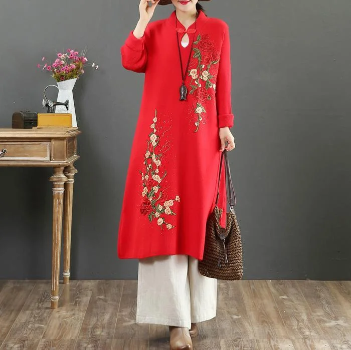 Women stand collar Sweater embroidery dresses DIY red winter Ugly sweater dresses Warm Sweater Dress