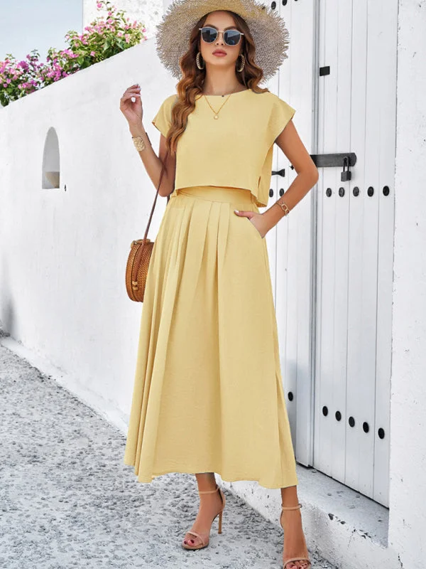 Women's Cap Sleeve Top And Matching Long Length Flowy Skirt Set Sleek Maxi Skirt