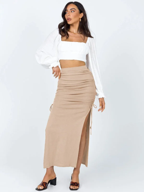 Women's Side Ruched Drawstring Long Length Skirt Layered Maxi Skirt