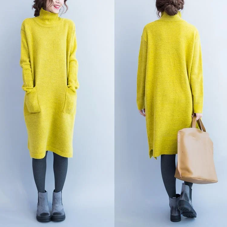 Yellow turtle neck knitted dress long woolen sweater dresses Knit Dress Chic