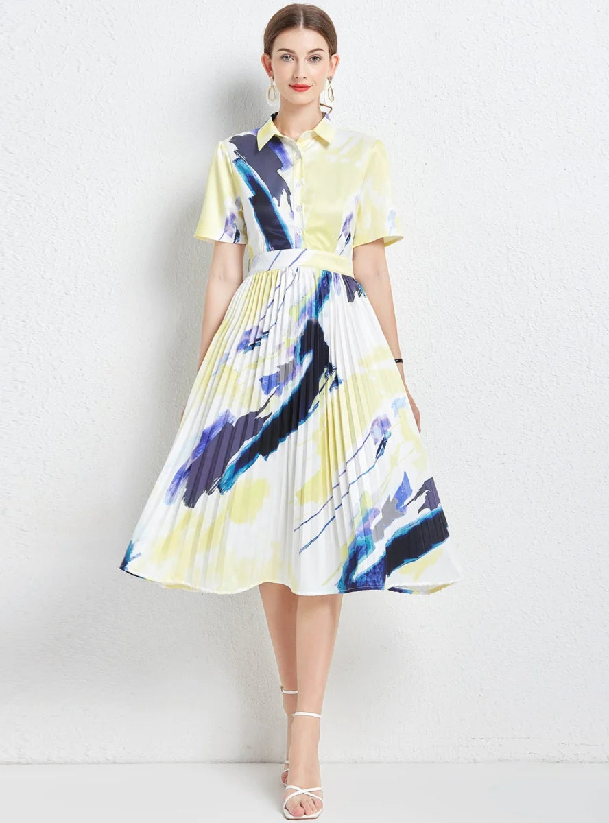 ABSTRACT PRINTED PLEATED SHIRT DRESS Fashionable Shirt Dress