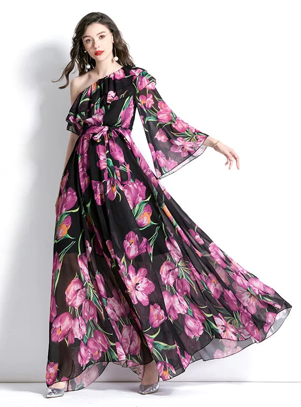 HOLIDAY ONE-SHOULDER FLOUNCED BEACH PRINT DRESS Fashion-forward floral dresses