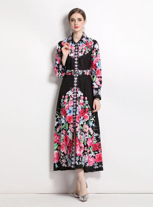 LONG SLEEVE HOLIDAY PRINTED SHIRT DRESS Linen Shirt Dress