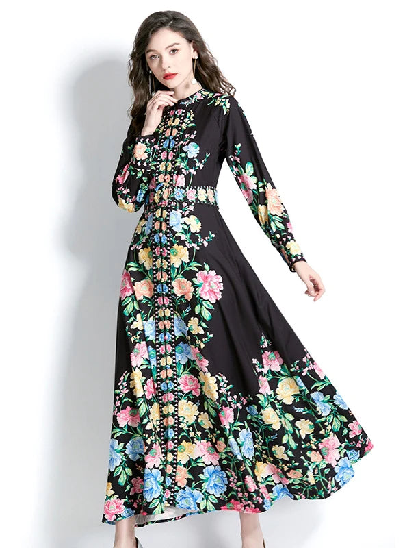 LONG SLEEVE LANTERN SLEEVE LONG PRINTED DRESS Sexy floral print dresses