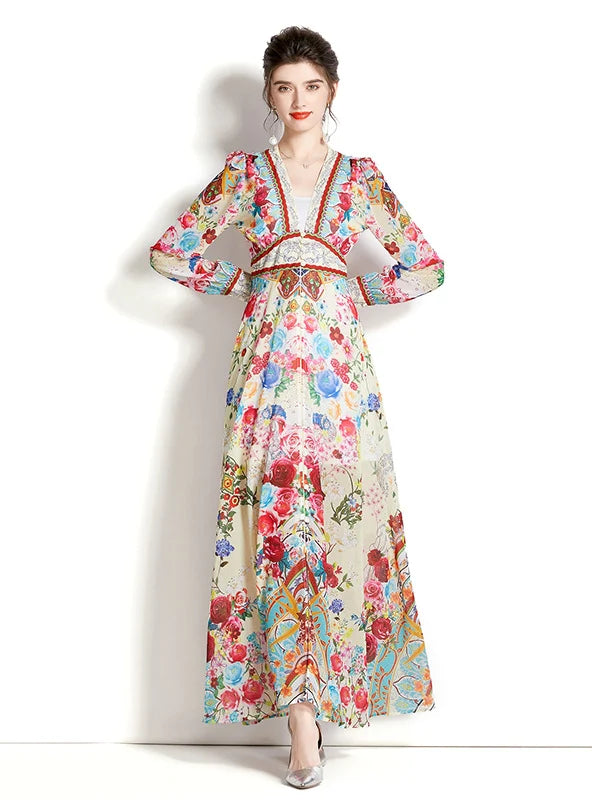 LONG SLEEVE LANTERN SLEEVE PRINTED DRESS Floral dresses under $100