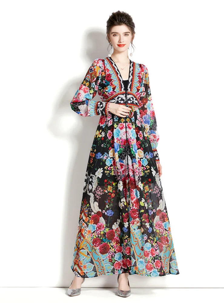 LONG SLEEVE LANTERN SLEEVE PRINTED DRESS Luxury floral dresses