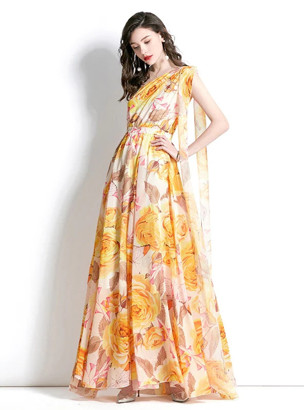 ONE-SHOULDER HOLIDAY PRINTED LONG DESS Best floral dresses for work