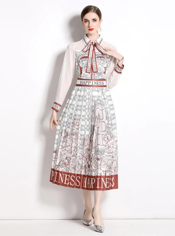 PRINTED LONG SLEEVE LAPEL SHIRT DRESS Belted Shirt Dress