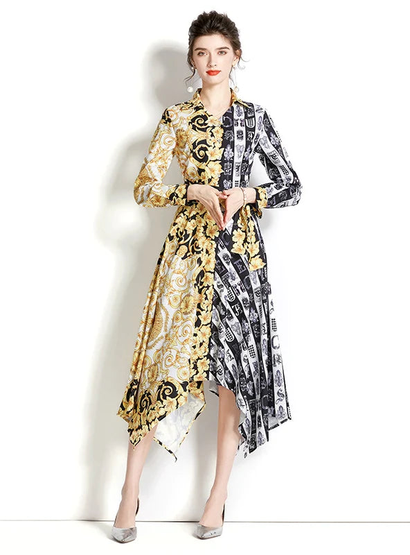 RETRO LONG SLEEVE COLOR PRINTED IRREGULAR DRESS Budget-friendly floral dresses