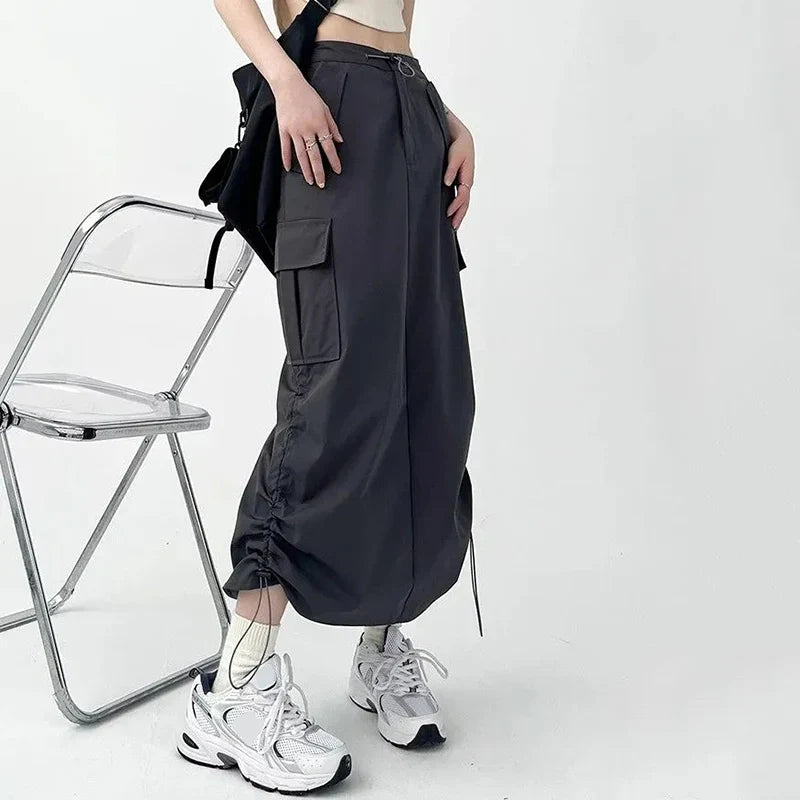 Drawstring High Waisted Cargo Split Midi Skirt Button-down Midi Skirt