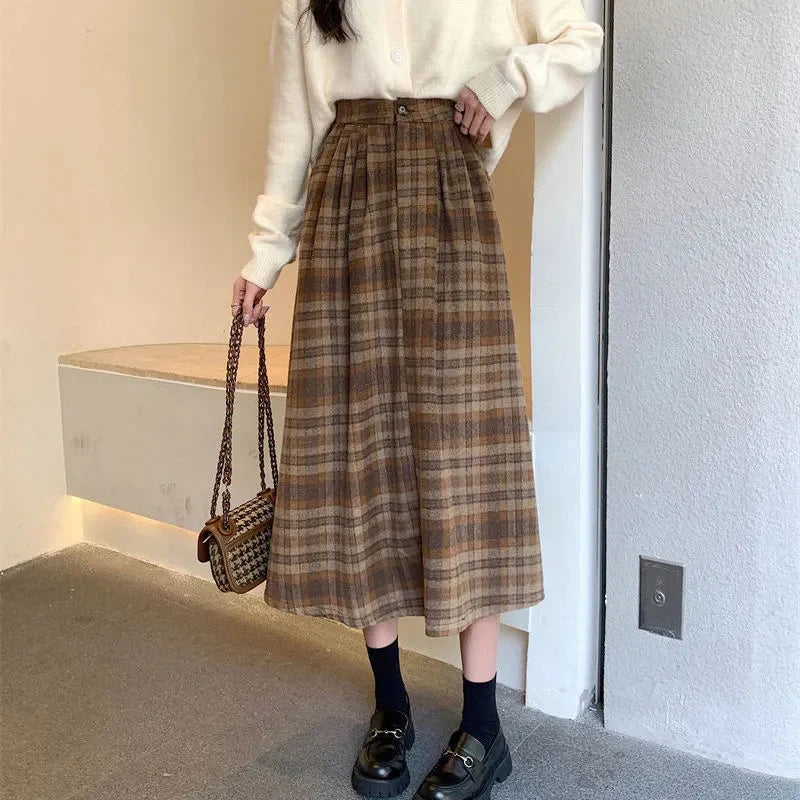 Vintage Woolen Plaid High Waist A-Line Midi Skirt Tulle Midi Skirt