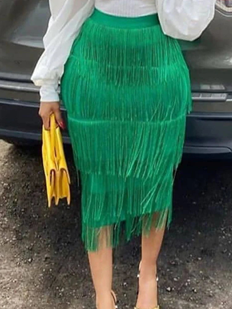 Green Fringe Bodycon High Waist Midi Skirt Button-front Midi Skirt