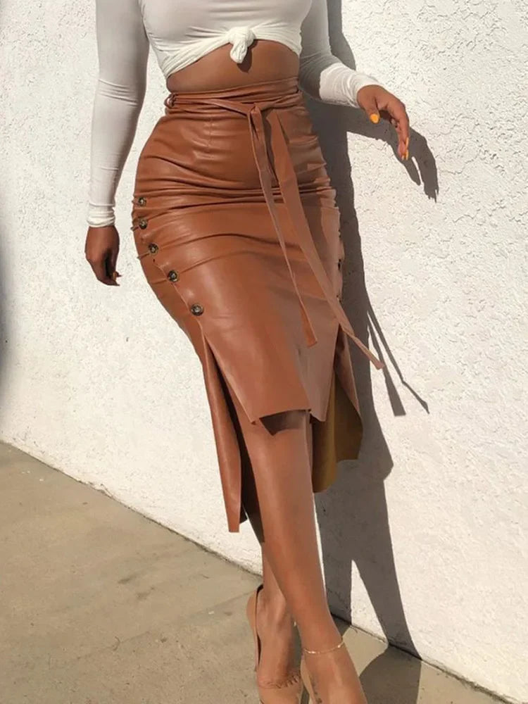 PU Leather Midi Skirt Solid Color High Waist Slim Pencil Skirt Boho Midi Skirt